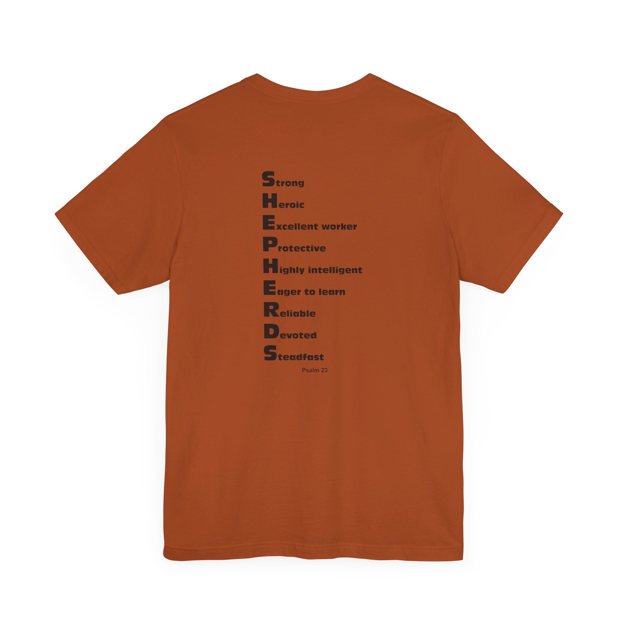 Mid-Columbia Christian School Shepherds' Pride Unisex Tee - German Shepherd logo on front in black and SHEPHERD text on back.