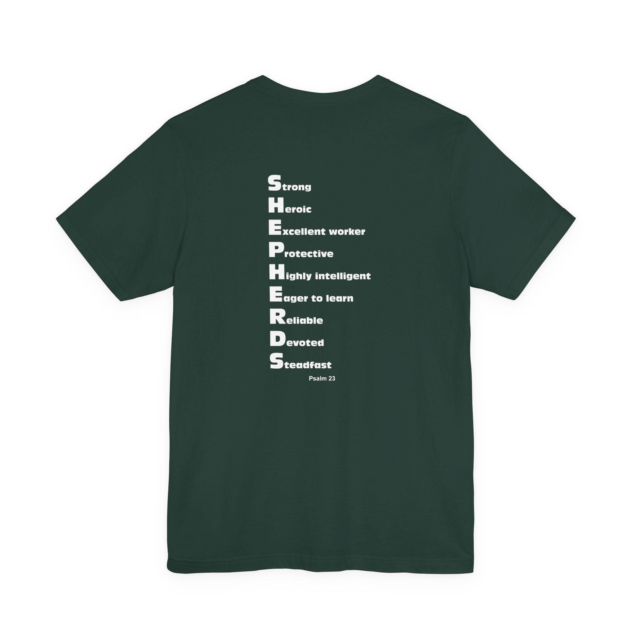 Mid-Columbia Christian School Shepherds' Pride Unisex Tee - German Shepherd logo on front in black and SHEPHERD text on back.