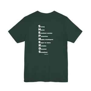 Mid-Columbia Christian School Shepherds' Pride Unisex Tee - German Shepherd logo on front in black and SHEPHERD text on back.