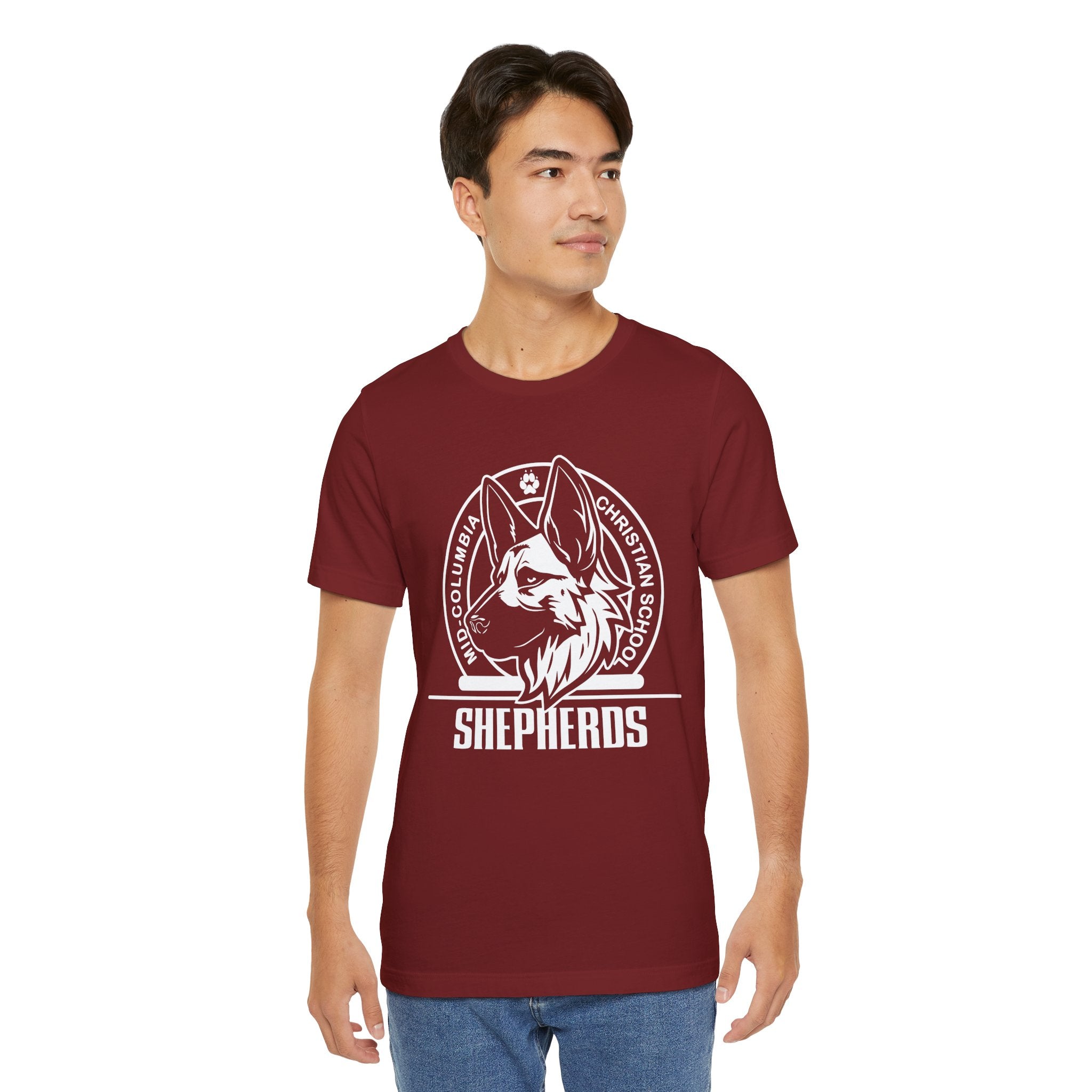 Mid-Columbia Christian School Shepherds' Pride Unisex Tee - German Shepherd logo on front in black and SHEPHERD text on back.