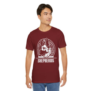 Mid-Columbia Christian School Shepherds' Pride Unisex Tee - German Shepherd logo on front in black and SHEPHERD text on back.