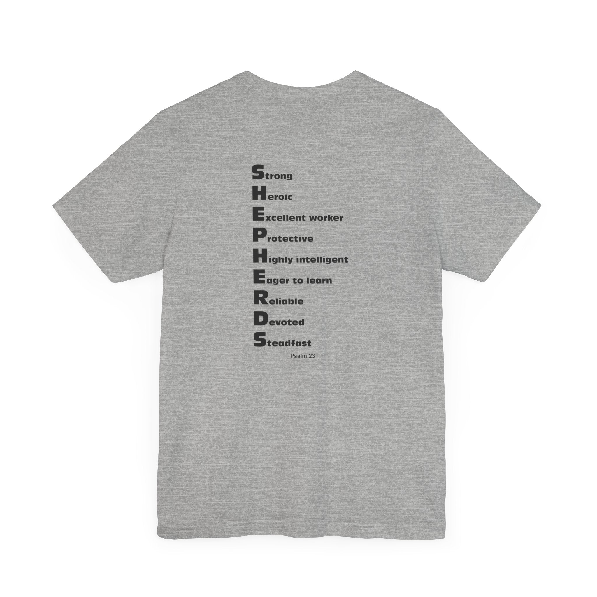 Mid-Columbia Christian School Shepherds' Pride Unisex Tee - German Shepherd logo on front in black and SHEPHERD text on back.