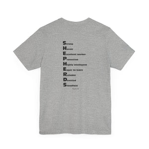 Mid-Columbia Christian School Shepherds' Pride Unisex Tee - German Shepherd logo on front in black and SHEPHERD text on back.