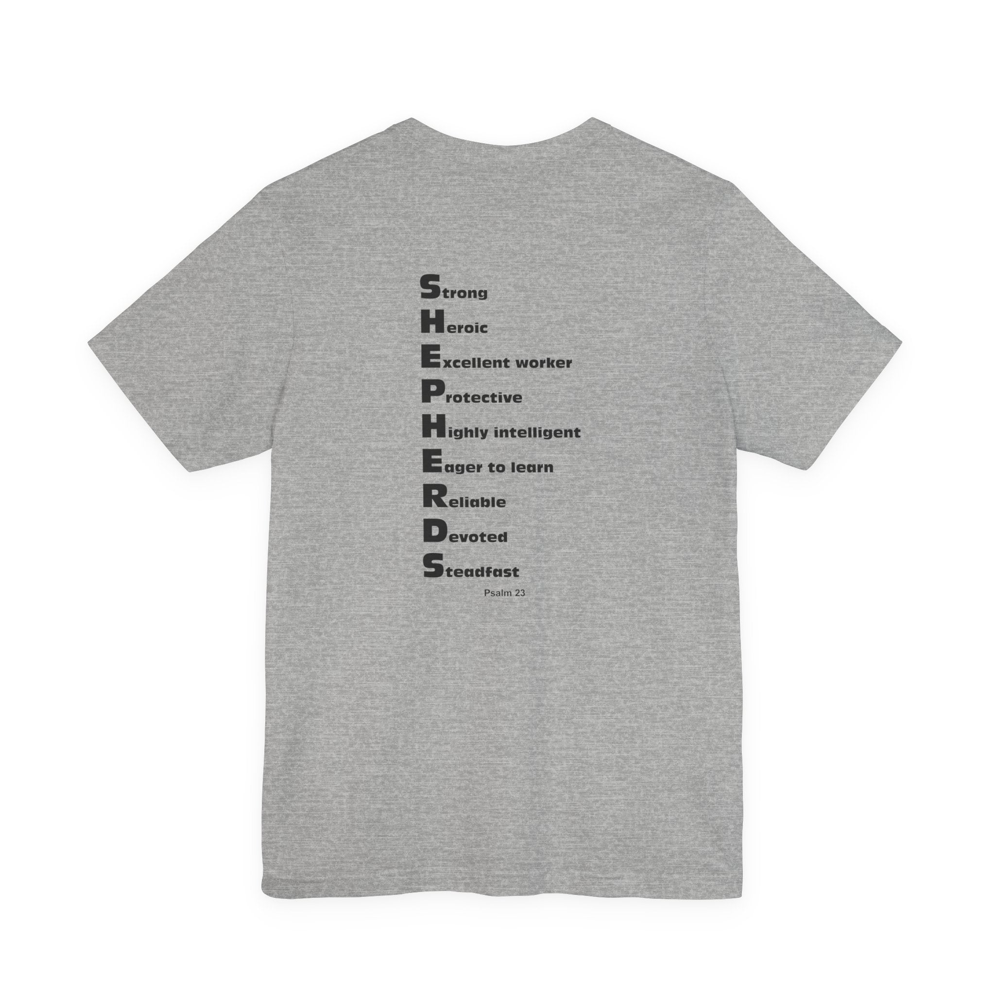 Mid-Columbia Christian School Shepherds' Pride Unisex Tee - German Shepherd logo on front in black and SHEPHERD text on back.