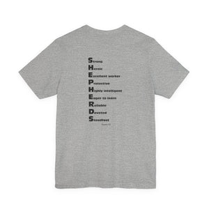 Mid-Columbia Christian School Shepherds' Pride Unisex Tee - German Shepherd logo on front in black and SHEPHERD text on back.