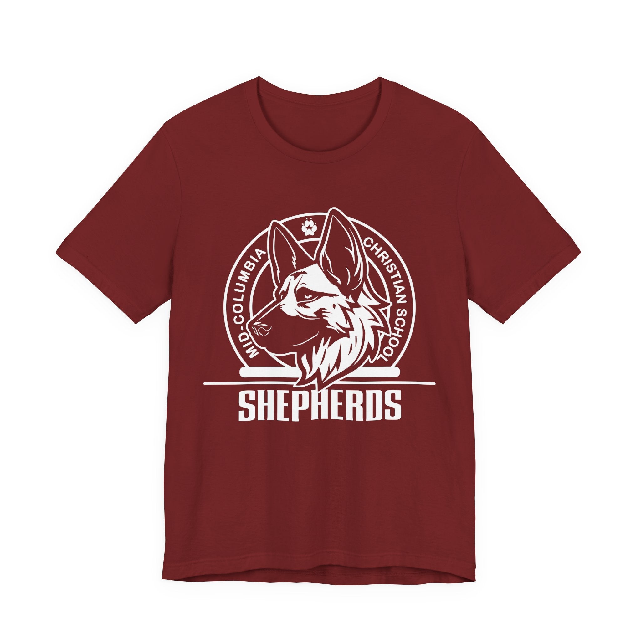 Mid-Columbia Christian School Shepherds' Pride Unisex Tee - German Shepherd logo on front in black and SHEPHERD text on back.