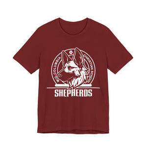 Mid-Columbia Christian School Shepherds' Pride Unisex Tee - German Shepherd logo on front in black and SHEPHERD text on back.