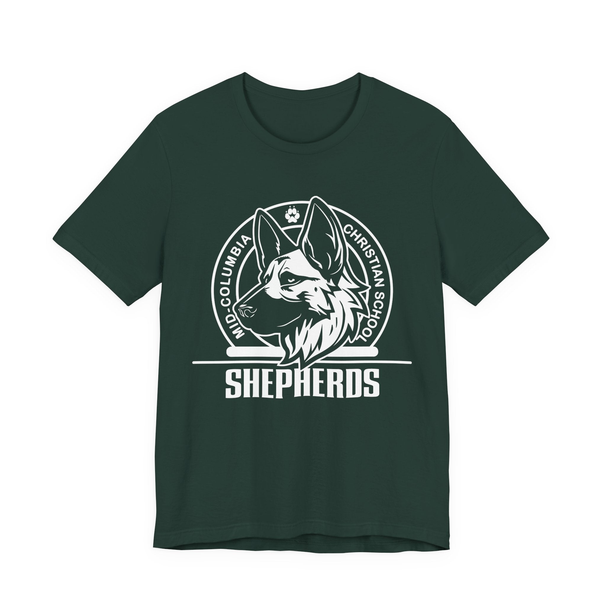 Mid-Columbia Christian School Shepherds' Pride Unisex Tee - German Shepherd logo on front in black and SHEPHERD text on back.