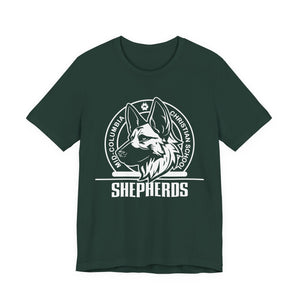 Mid-Columbia Christian School Shepherds' Pride Unisex Tee - German Shepherd logo on front in black and SHEPHERD text on back.