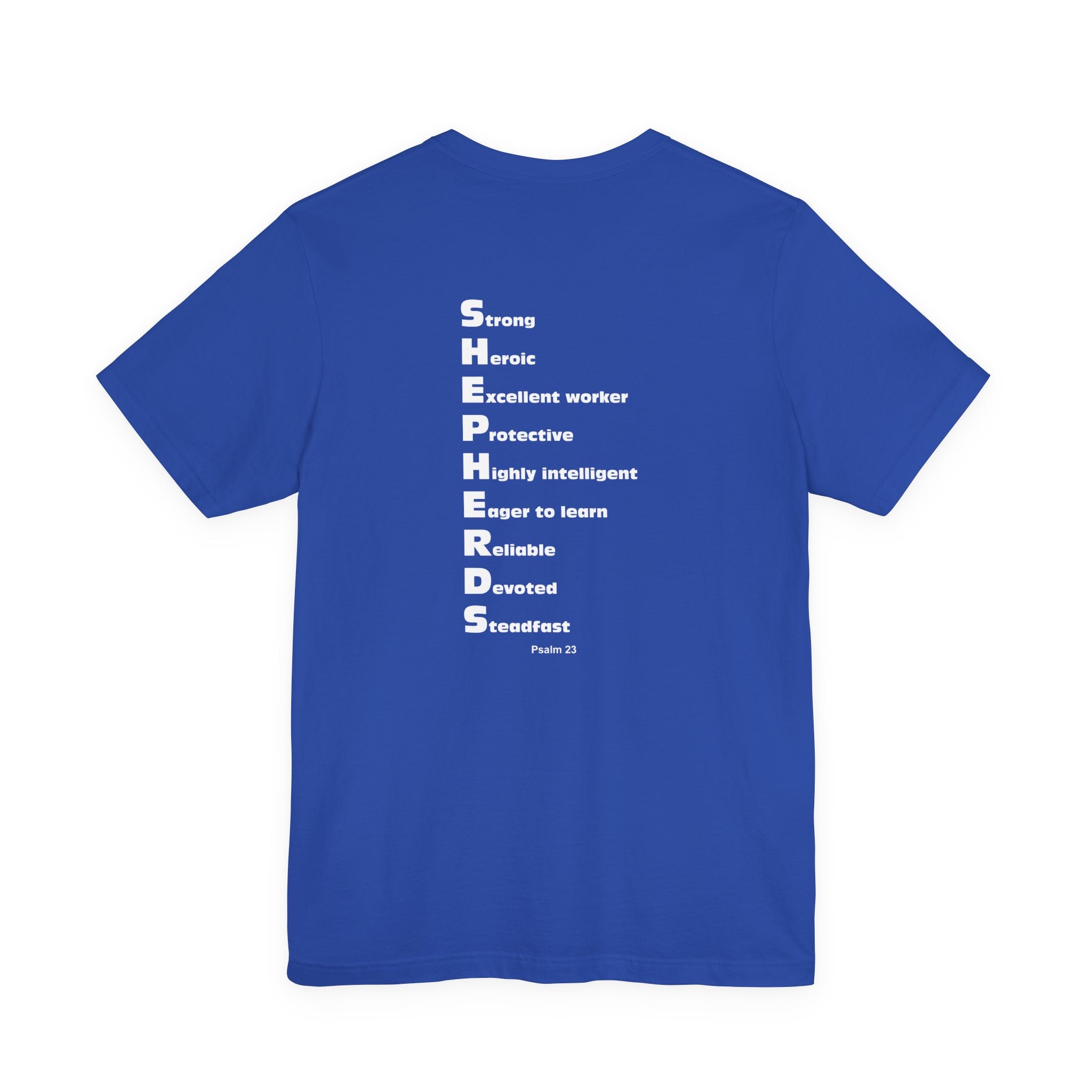 Mid-Columbia Christian School Shepherds' Pride Unisex Tee - German Shepherd logo on front in black and SHEPHERD text on back.
