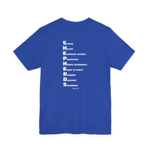 Mid-Columbia Christian School Shepherds' Pride Unisex Tee - German Shepherd logo on front in black and SHEPHERD text on back.