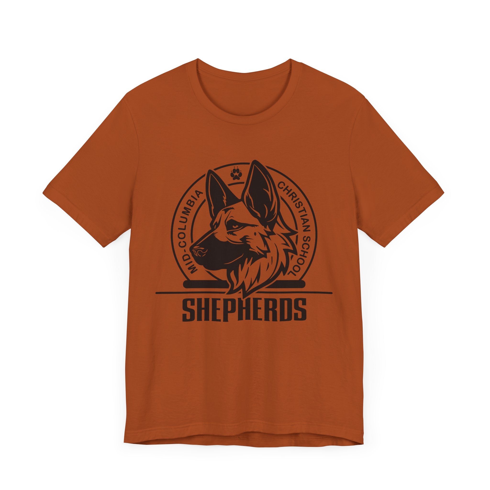 Mid-Columbia Christian School Shepherds' Pride Unisex Tee - German Shepherd logo on front in black and SHEPHERD text on back.