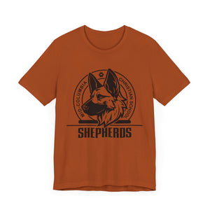 Mid-Columbia Christian School Shepherds' Pride Unisex Tee - German Shepherd logo on front in black and SHEPHERD text on back.