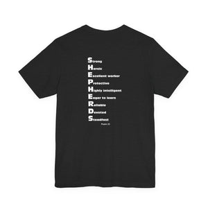 Mid-Columbia Christian School Shepherds' Pride Unisex Tee - German Shepherd logo on front in black and SHEPHERD text on back.
