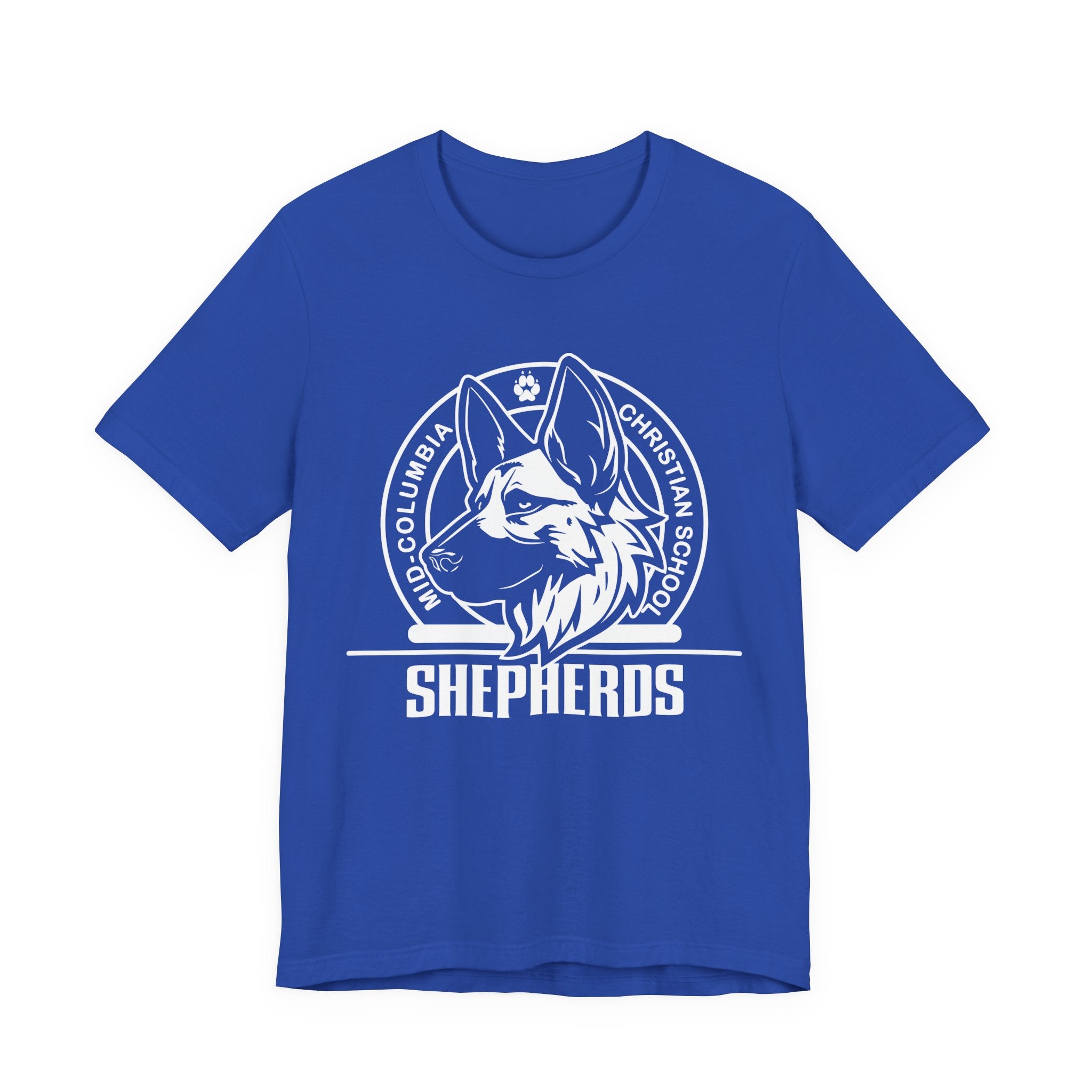 Mid-Columbia Christian School Shepherds' Pride Unisex Tee - German Shepherd logo on front in black and SHEPHERD text on back.