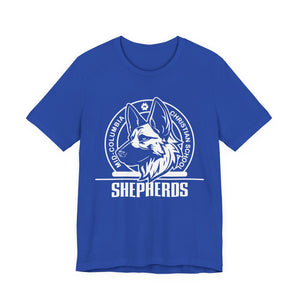 Mid-Columbia Christian School Shepherds' Pride Unisex Tee - German Shepherd logo on front in black and SHEPHERD text on back.