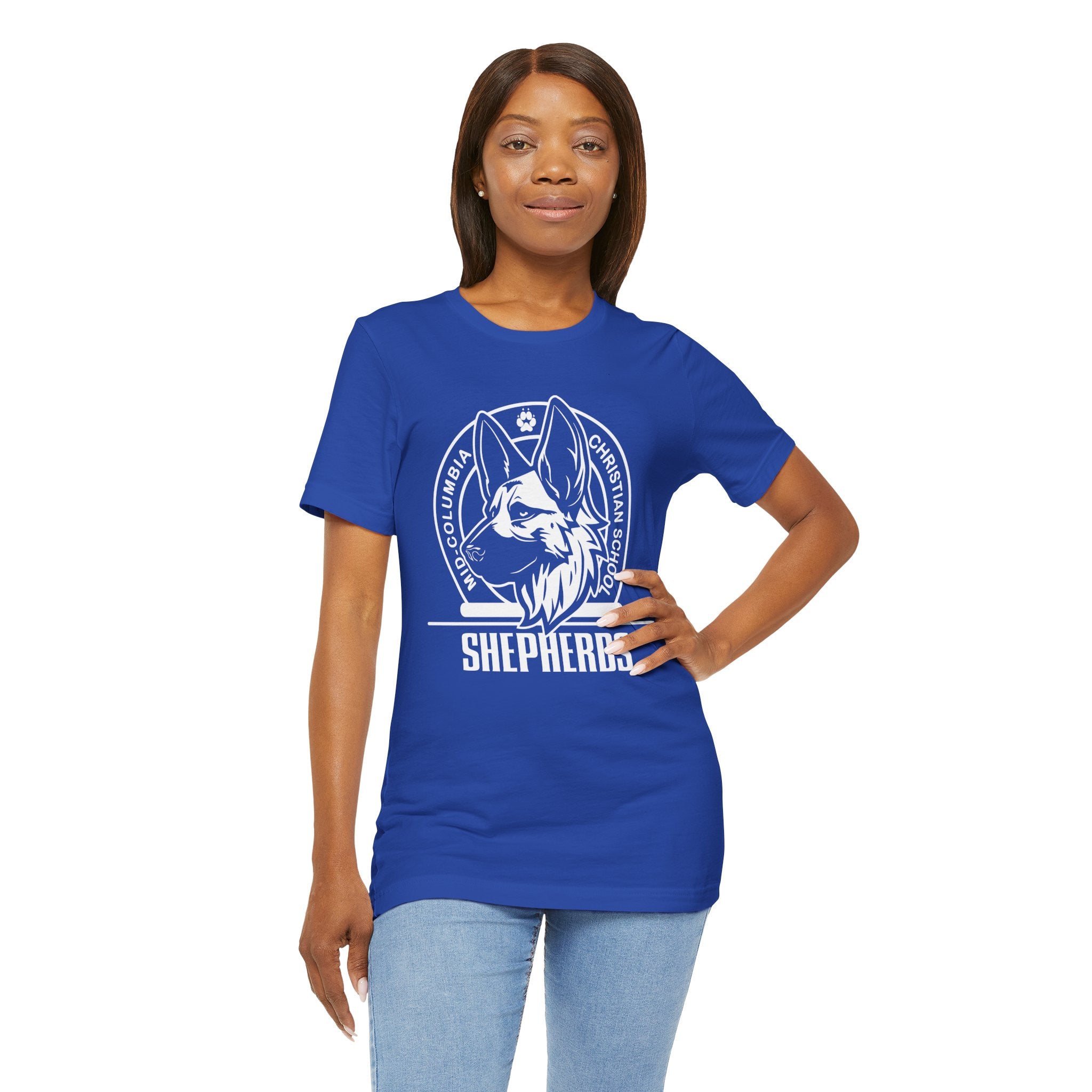 Mid-Columbia Christian School Shepherds' Pride Unisex Tee - German Shepherd logo on front in black and SHEPHERD text on back.