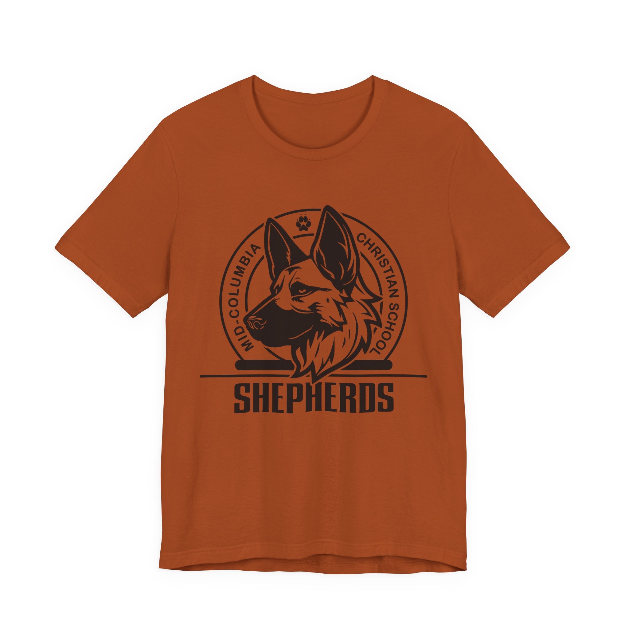 Mid-Columbia Christian School Shepherds' Pride Unisex Tee - German Shepherd logo on front in black and SHEPHERD text on back.