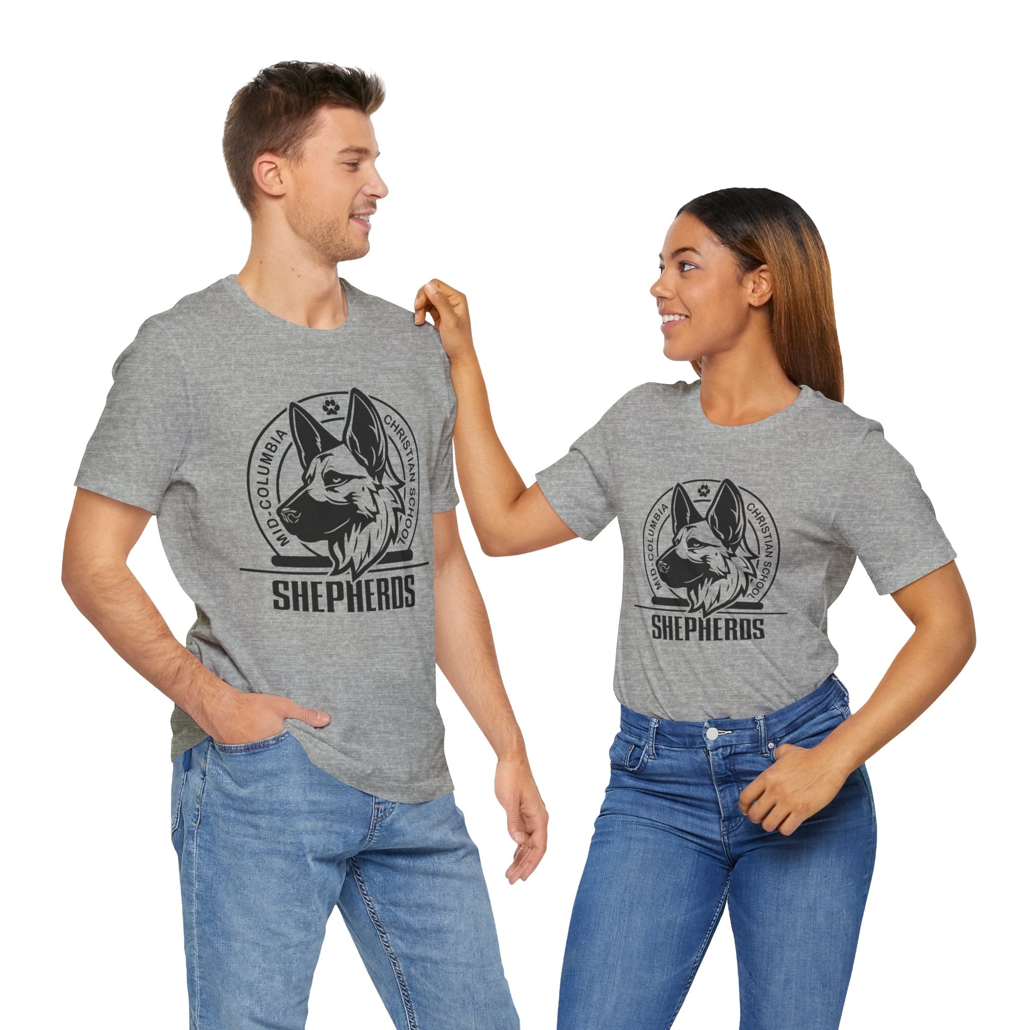 Mid-Columbia Christian School Shepherds' Pride Unisex Tee - German Shepherd logo on front in black and SHEPHERD text on back.