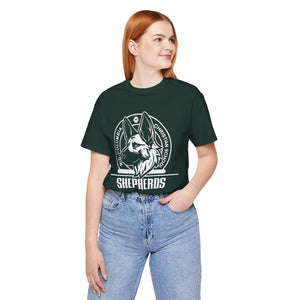 Mid-Columbia Christian School Shepherds' Pride Unisex Tee - German Shepherd logo on front in black and SHEPHERD text on back.