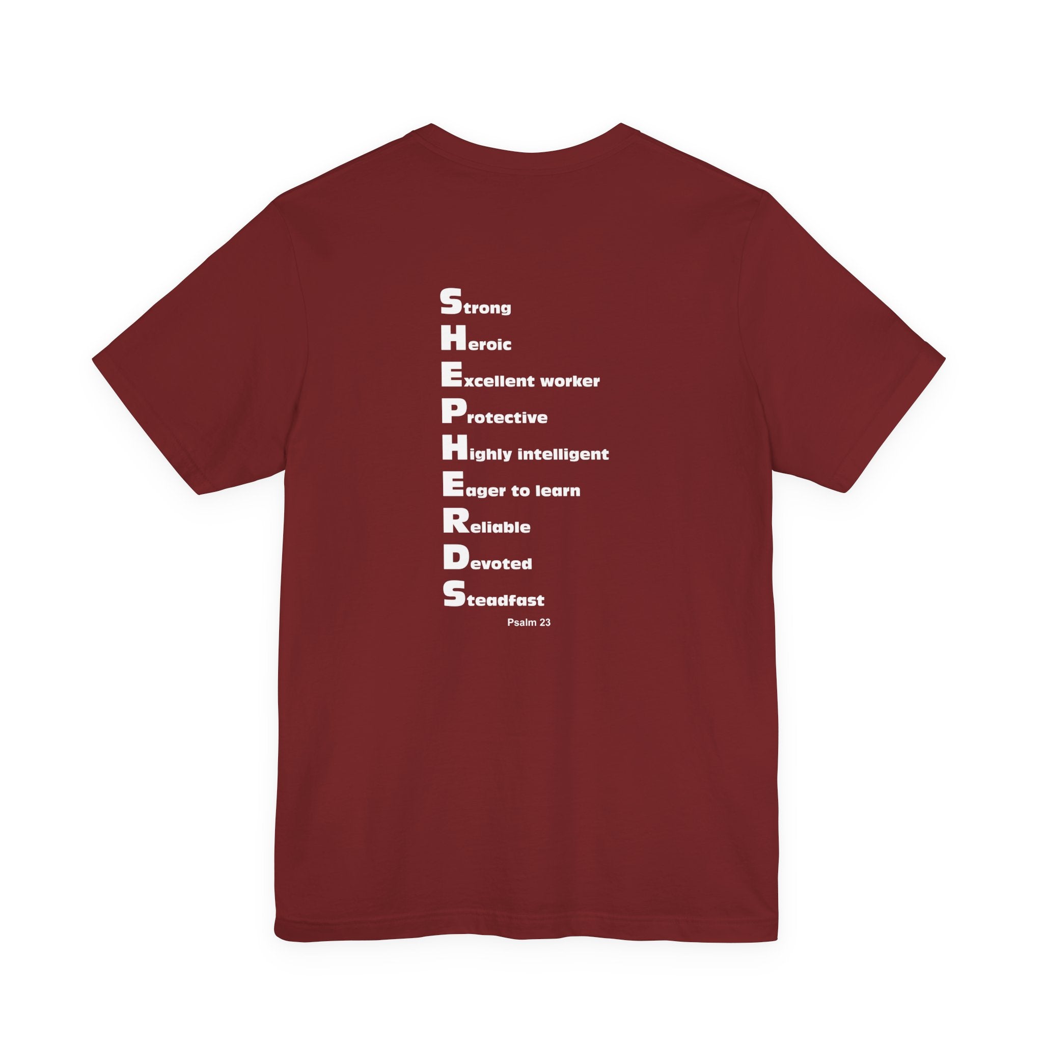 Mid-Columbia Christian School Shepherds' Pride Unisex Tee - German Shepherd logo on front in black and SHEPHERD text on back.