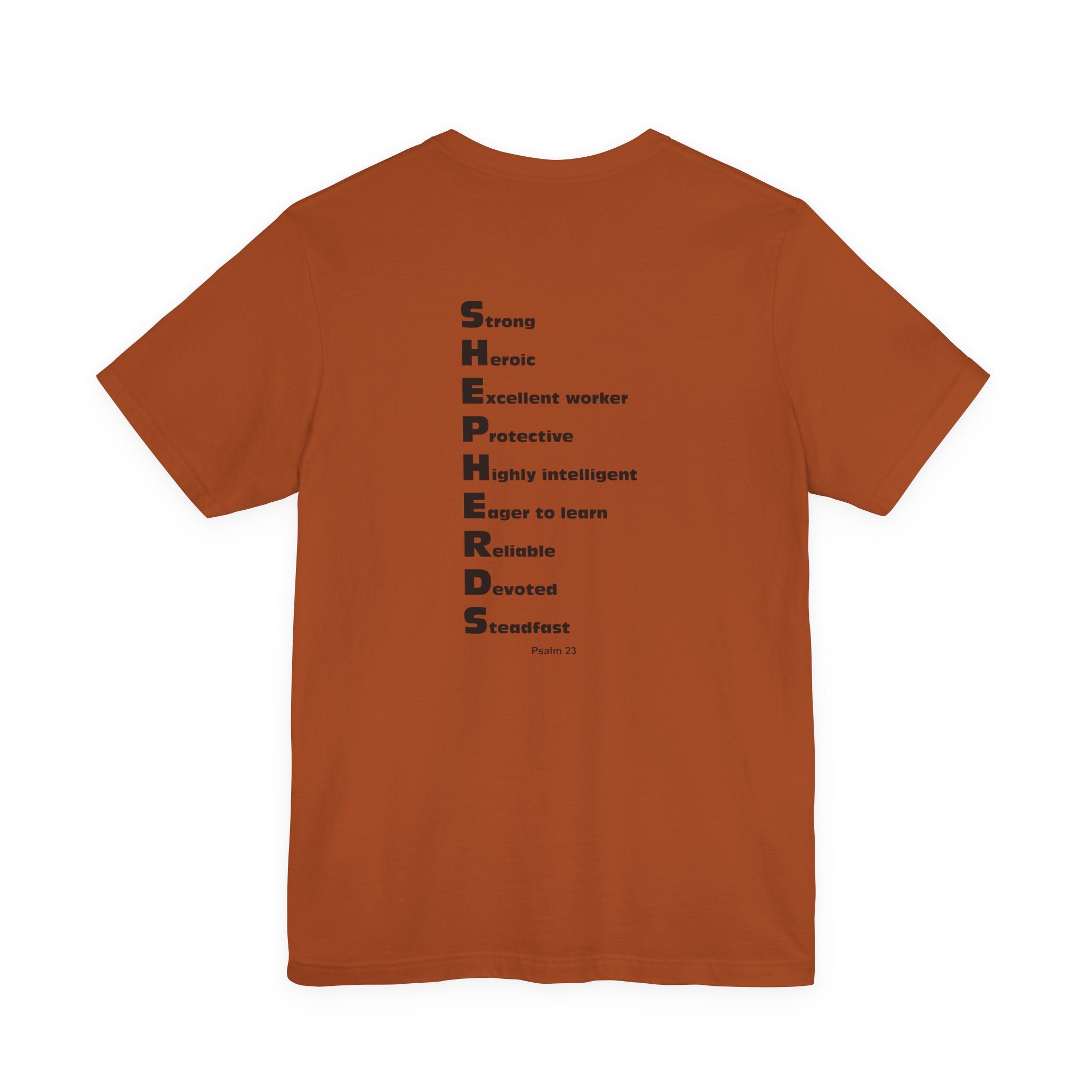 Mid-Columbia Christian School Shepherds' Pride Unisex Tee - German Shepherd logo on front in black and SHEPHERD text on back.