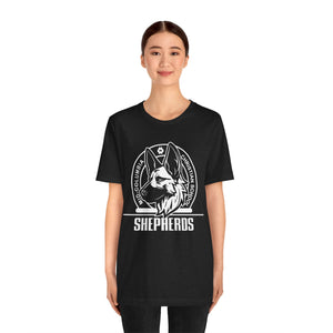 Mid-Columbia Christian School Shepherds' Pride Unisex Tee - German Shepherd logo on front in black and SHEPHERD text on back.