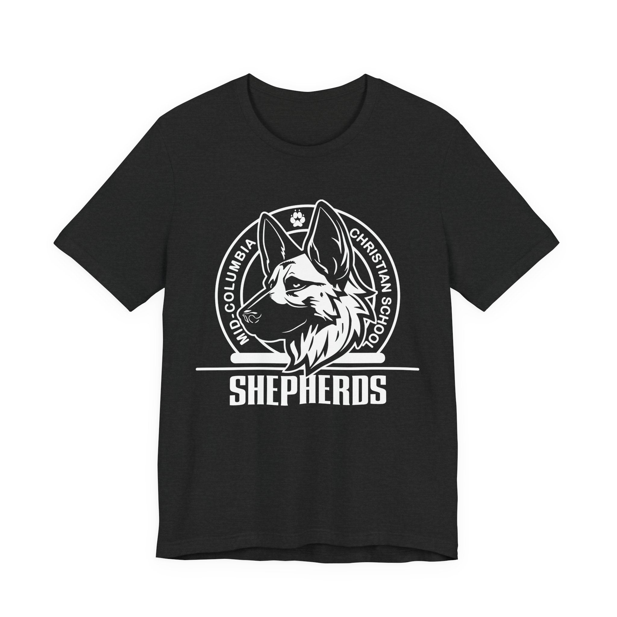 Mid-Columbia Christian School Shepherds' Pride Unisex Tee - German Shepherd logo on front in black and SHEPHERD text on back.