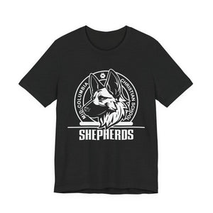 Mid-Columbia Christian School Shepherds' Pride Unisex Tee - German Shepherd logo on front in black and SHEPHERD text on back.