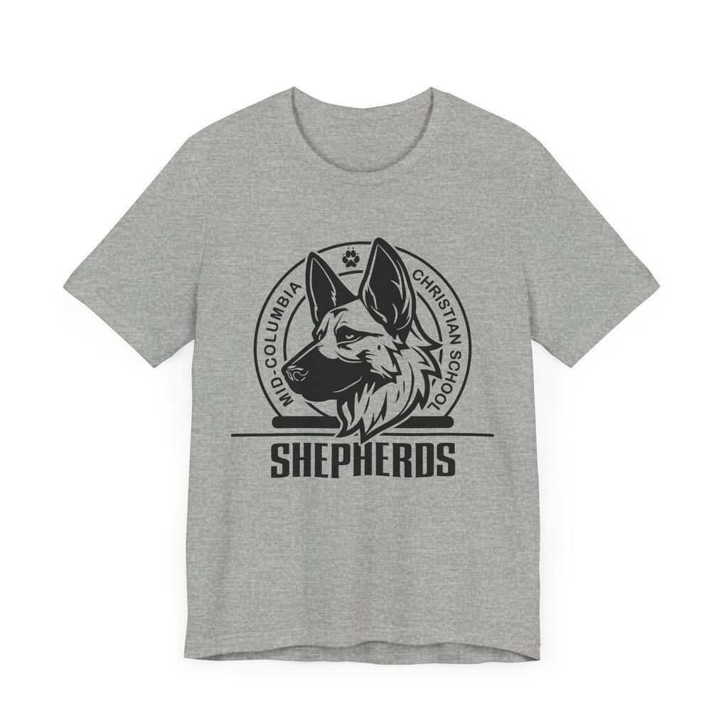 Mid-Columbia Christian School Shepherds' Pride Unisex Tee - German Shepherd logo on front in black and SHEPHERD text on back.