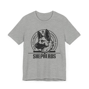 Mid-Columbia Christian School Shepherds' Pride Unisex Tee - German Shepherd logo on front in black and SHEPHERD text on back.