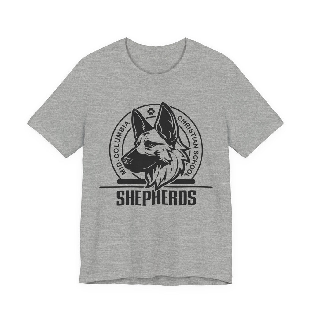 Mid-Columbia Christian School Shepherds' Pride Unisex Tee - German Shepherd logo on front in black and SHEPHERD text on back.