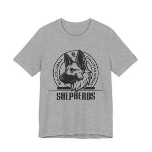 Mid-Columbia Christian School Shepherds' Pride Unisex Tee - German Shepherd logo on front in black and SHEPHERD text on back.