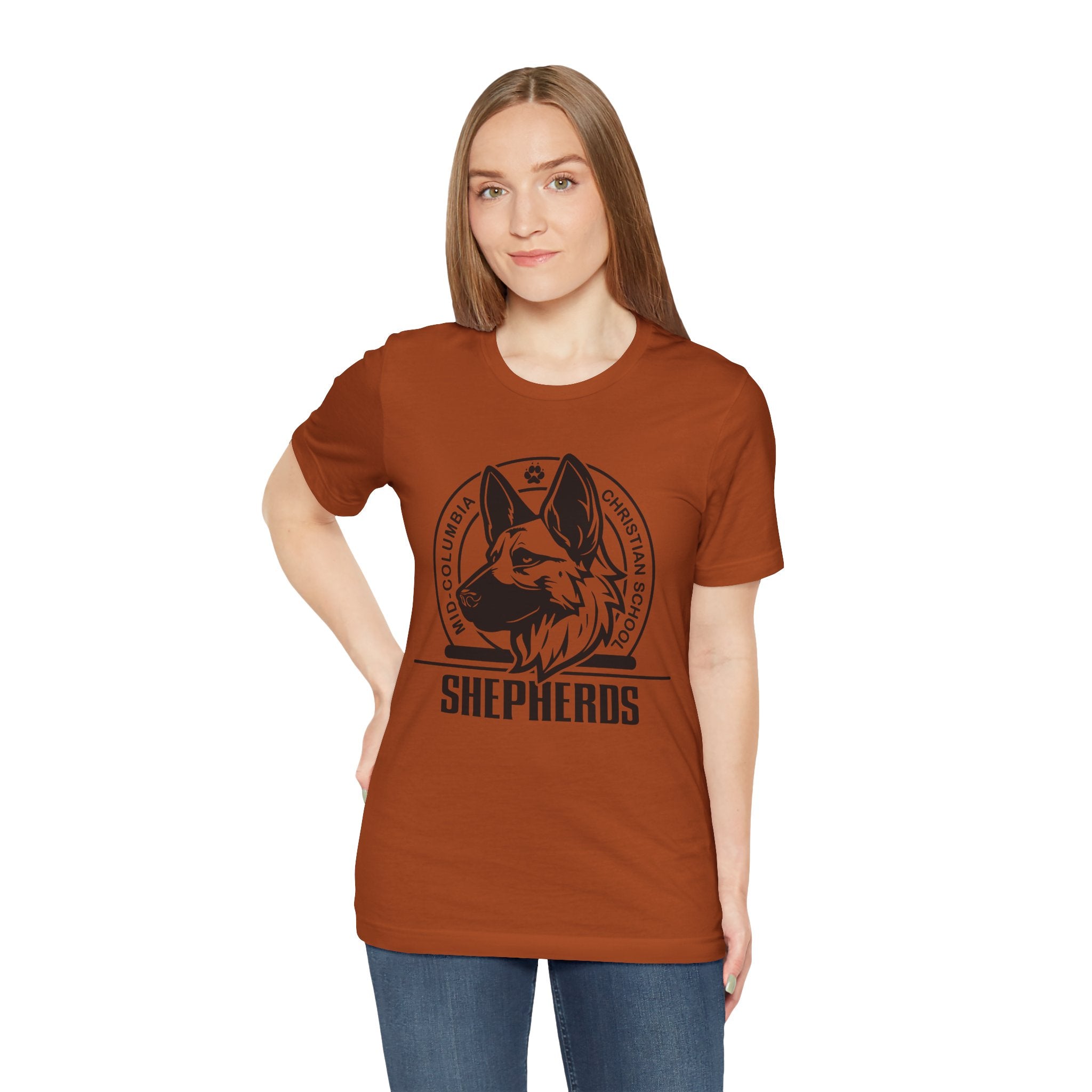 Mid-Columbia Christian School Shepherds' Pride Unisex Tee - German Shepherd logo on front in black and SHEPHERD text on back.
