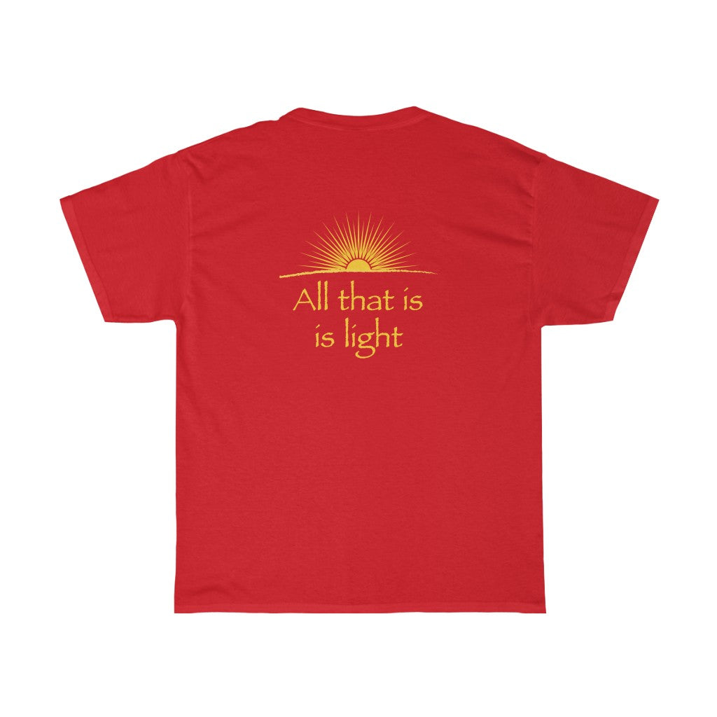 Omnia Quia Sunt, Lumina Sunt - Unisex Heavy Cotton Tee - Illuminati Vitruvian Man and Pyramid, 2-sided print