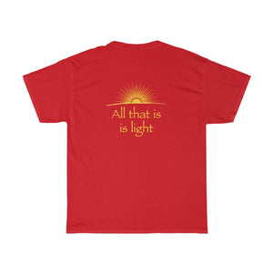 Omnia Quia Sunt, Lumina Sunt - Unisex Heavy Cotton Tee - Illuminati Vitruvian Man and Pyramid, 2-sided print
