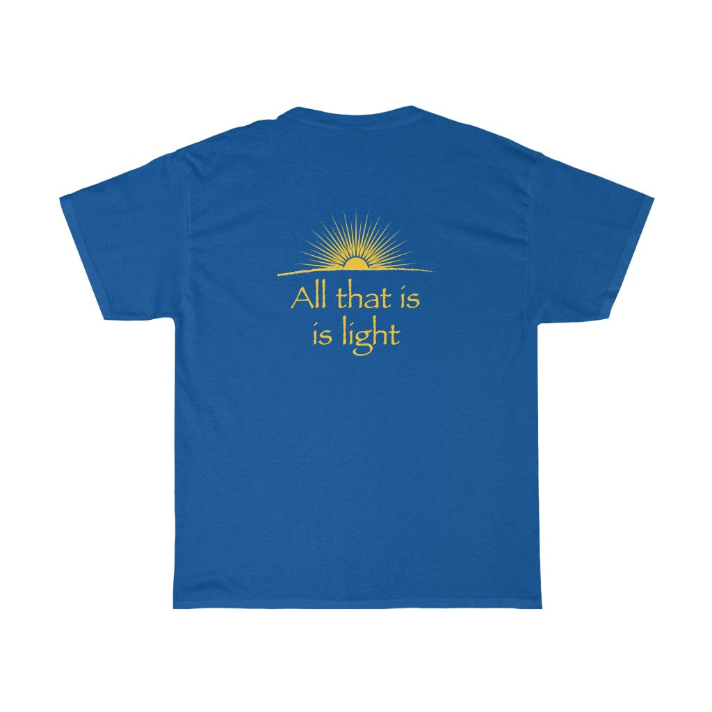 Omnia Quia Sunt, Lumina Sunt - Unisex Heavy Cotton Tee - Illuminati Vitruvian Man and Pyramid, 2-sided print