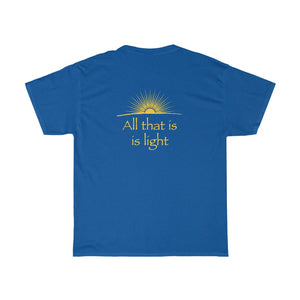 Omnia Quia Sunt, Lumina Sunt - Unisex Heavy Cotton Tee - Illuminati Vitruvian Man and Pyramid, 2-sided print