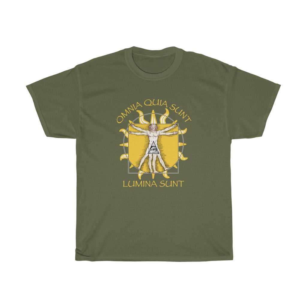 Omnia Quia Sunt, Lumina Sunt - Unisex Heavy Cotton Tee - Illuminati Vitruvian Man and Pyramid, 2-sided print