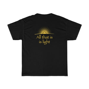 Omnia Quia Sunt, Lumina Sunt - Unisex Heavy Cotton Tee - Illuminati Vitruvian Man and Pyramid, 2-sided print