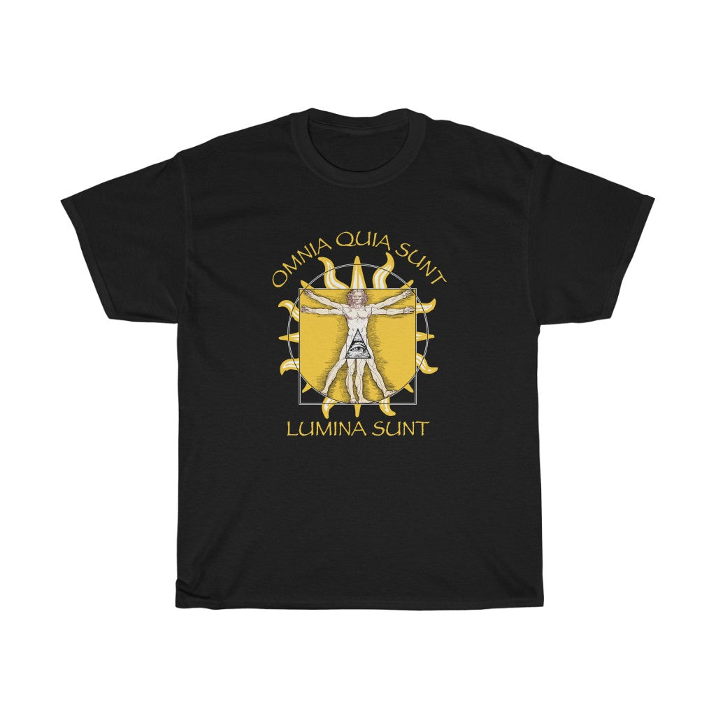 Omnia Quia Sunt, Lumina Sunt - Unisex Heavy Cotton Tee - Illuminati Vitruvian Man and Pyramid, 2-sided print
