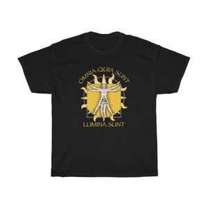 Omnia Quia Sunt, Lumina Sunt - Unisex Heavy Cotton Tee - Illuminati Vitruvian Man and Pyramid, 2-sided print