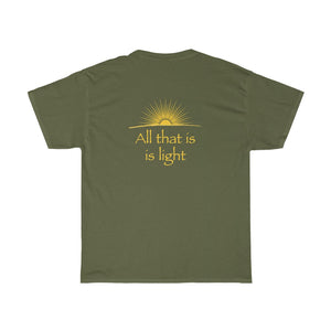 Omnia Quia Sunt, Lumina Sunt - Unisex Heavy Cotton Tee - Illuminati Vitruvian Man and Pyramid, 2-sided print
