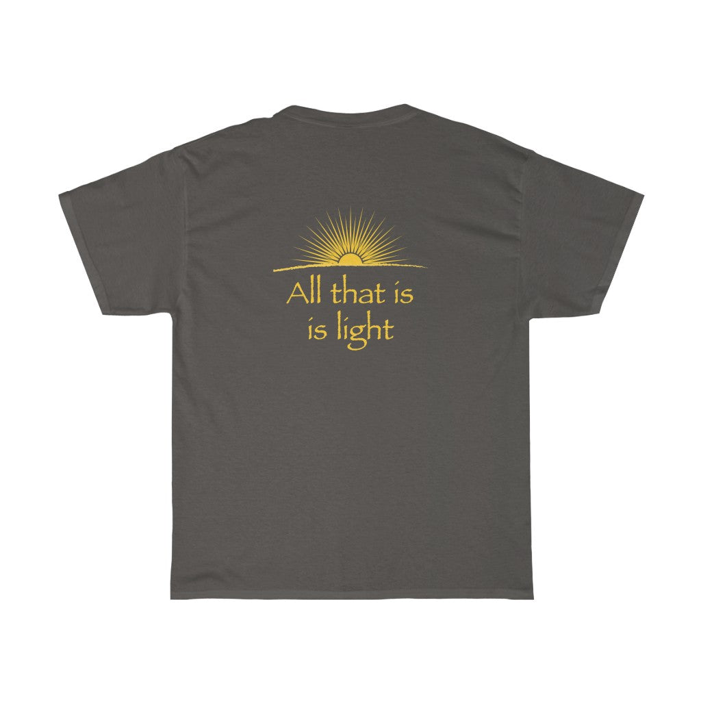 Omnia Quia Sunt, Lumina Sunt - Unisex Heavy Cotton Tee - Illuminati Vitruvian Man and Pyramid, 2-sided print