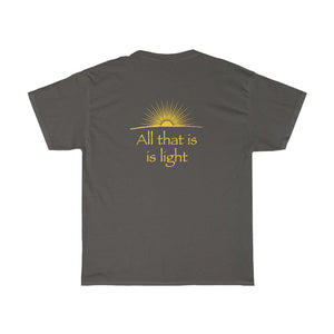 Omnia Quia Sunt, Lumina Sunt - Unisex Heavy Cotton Tee - Illuminati Vitruvian Man and Pyramid, 2-sided print